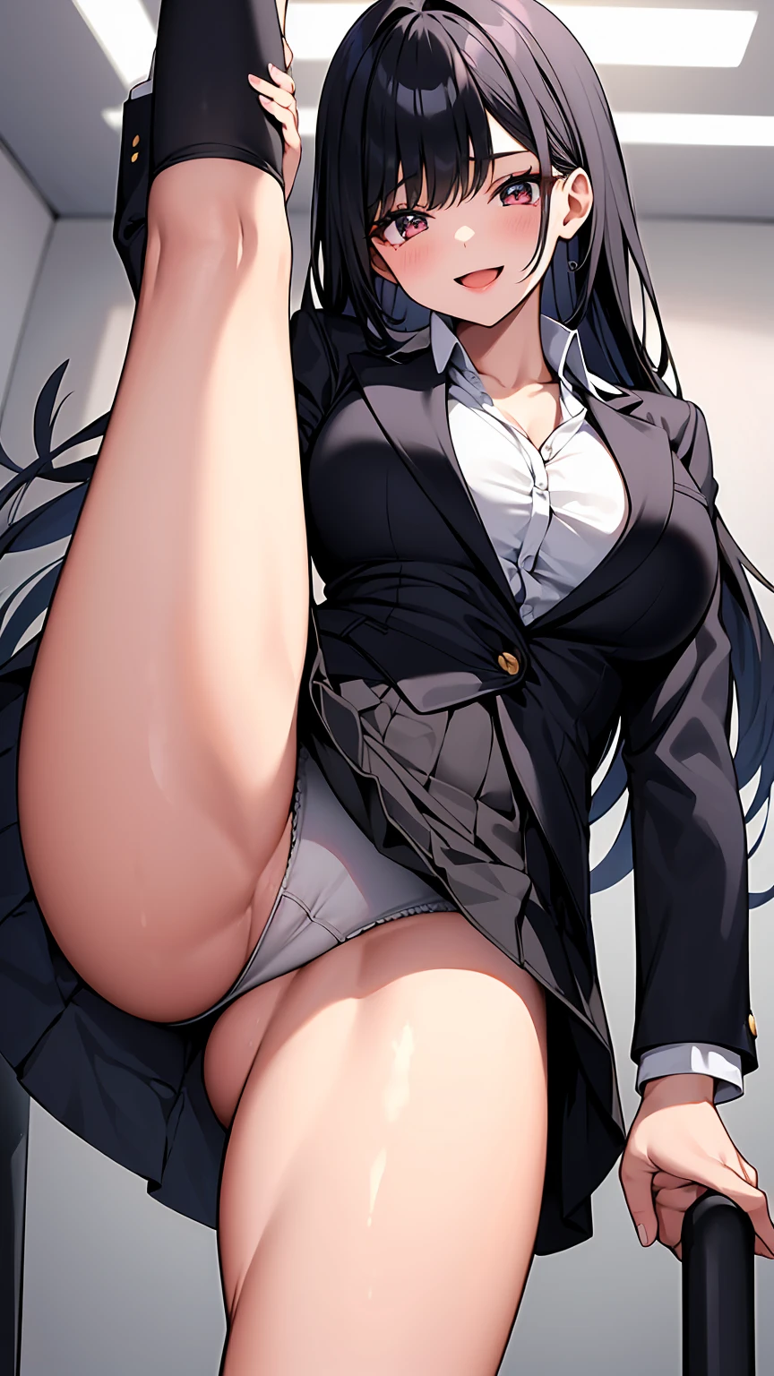 One Girl, Five Fingers, mini skirt, Looking down at the viewer, Black Hairロングヘアー, Highest quality, Focus on the thighs, Dynamic pose, smile, blazer, blouse, barefoot, Standing Split, classroom, Black Hair, Stylish pose,My thighs and groin are steamy 、Luxurious pure white panties