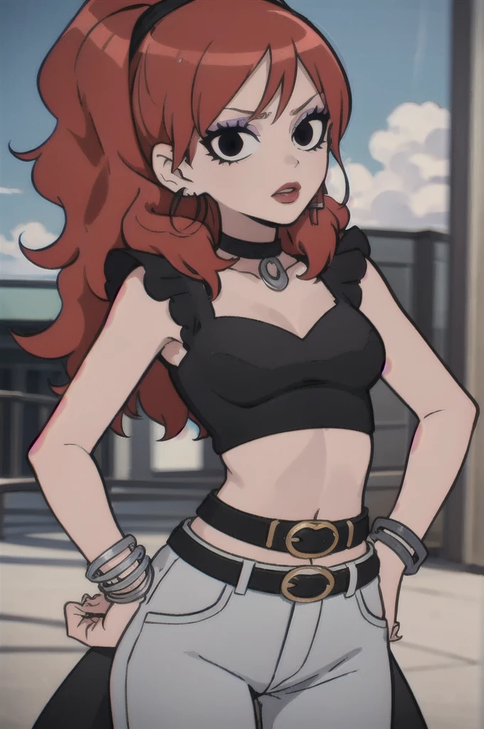 3nvy, 1girl, long hair, red hair, crop top, makeup, jewelry, choker, pants, black choker, solo, belt, bracelet, black eyes, breasts, midriff, black belt, black shirt, striped, earrings, jeans, lipstick, looking at viewer:1.2, hand on own hip, outdoors:1.2