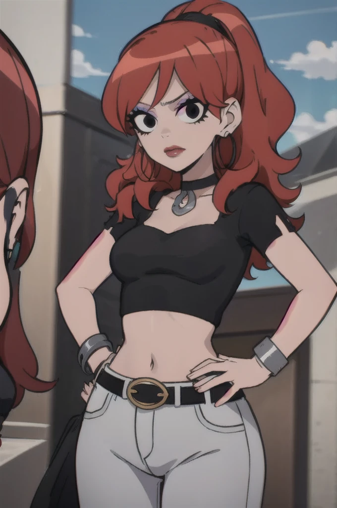 3nvy, 1girl, long hair, red hair, crop top, makeup, jewelry, choker, pants, black choker, solo, belt, bracelet, black eyes, breasts, midriff, black belt,black dress , striped, earrings, jeans, lipstick, looking at viewer:1.2, hand on own hip, outdoors:1.2