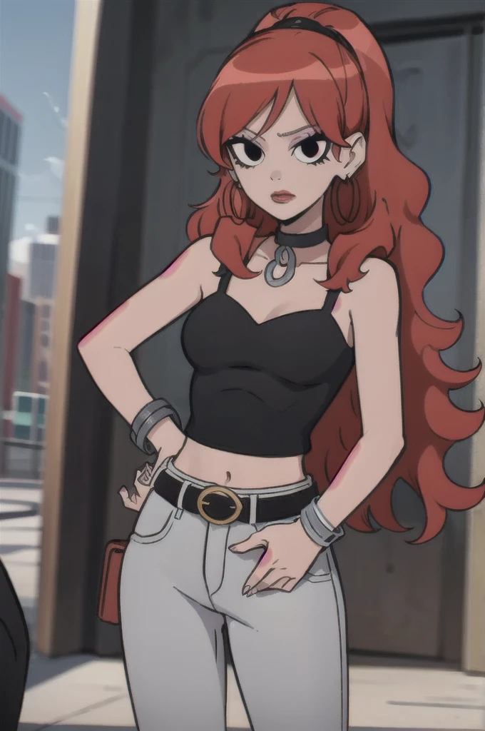 3nvy, 1girl, long hair, red hair, crop top, makeup, jewelry, choker, pants, black choker, solo, belt, bracelet, black eyes, breasts, midriff, black belt,black dress , striped, earrings, jeans, lipstick, looking at viewer:1.2, hand on own hip, outdoors:1.2