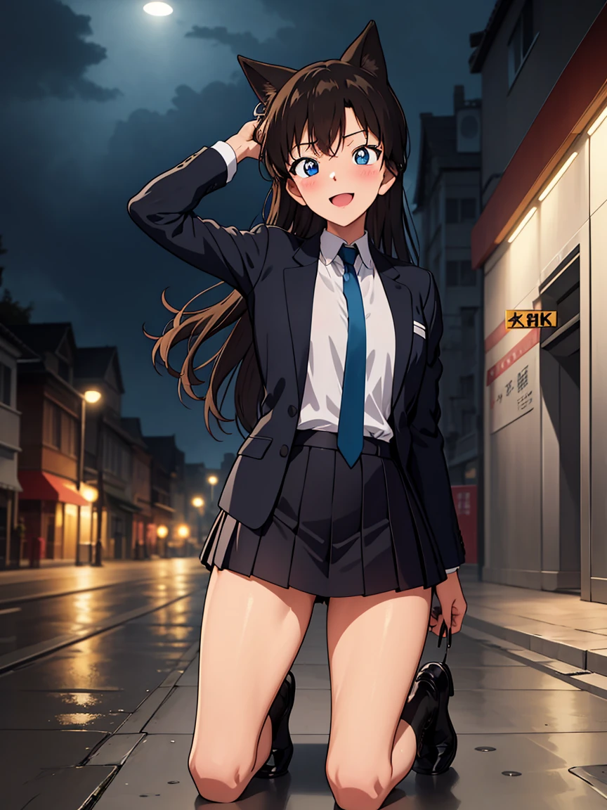 Ran Mori, (Black Hair, Long Hair, Wavy Hair), bangs, blue eyes, One girl, tie, , green tie, white shirt, Black jacket, collared shirt, shirt, blazer, Long sleeve, black  mini skirt, pleated skirt, skirt, Medium breasts BREAK Full body view, Full Body Shot, Kneel, Raise your arms behind your head, Open your legs and smile, Brush Break Masterpiece, Highest quality, High resolution, 8K, Official Art, Super Resolution, 非常にDetailed and beautiful, 非常にDetailed, wonderful、Detailed, 非常にDetailed美しい***, 非常にDetailed顔, 非常にDetailed目, 非常にDetailed肌, 非常にDetailed指, 非常にDetailed鼻, 非常にDetailed口, Perfect Anatomy Break Night, Outdoor, Neon Street, Elm Street, rain, Midnight, Late at night, darkness, 非常にDetailed CG unity 16k, Very beautiful 16K CG wallpaper