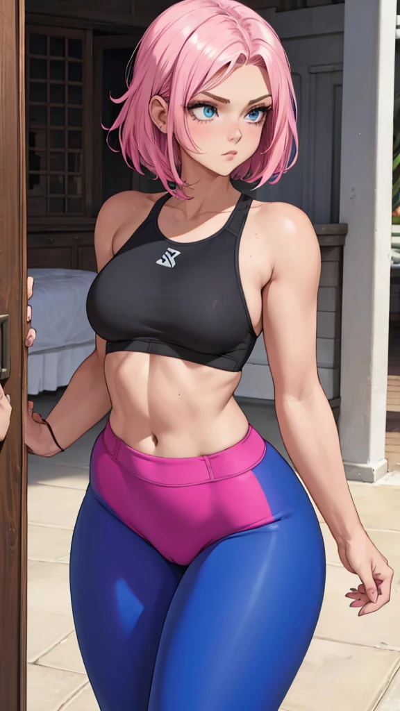 shorth hair, Pink, gymwear leggings branco, linda, thick-thighs, blue colored eyes, intimate part marking, slim and defined body, distant photo, show the whole body