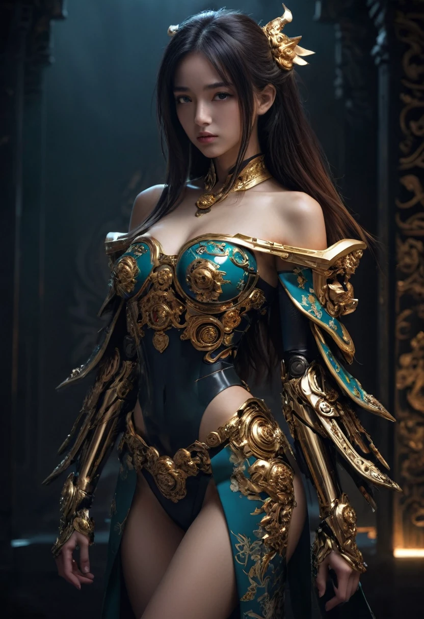 best quality, masterpiece, Ultra-high resolution, (Realistic:1.5), original photo, 1 girl,versace Off-shoulder Kimono Mecha Paladin Future Armor, in the darkness, Deep shadows, Low profile, Cold Light, sexy look, long hair,Mix Girl,Yinglaite, Half-length photo,NSFW, warm lights, dramatic light, (intricate details:1.1), complex background, (rutkowski:0.66), (teal and orange:0.4)