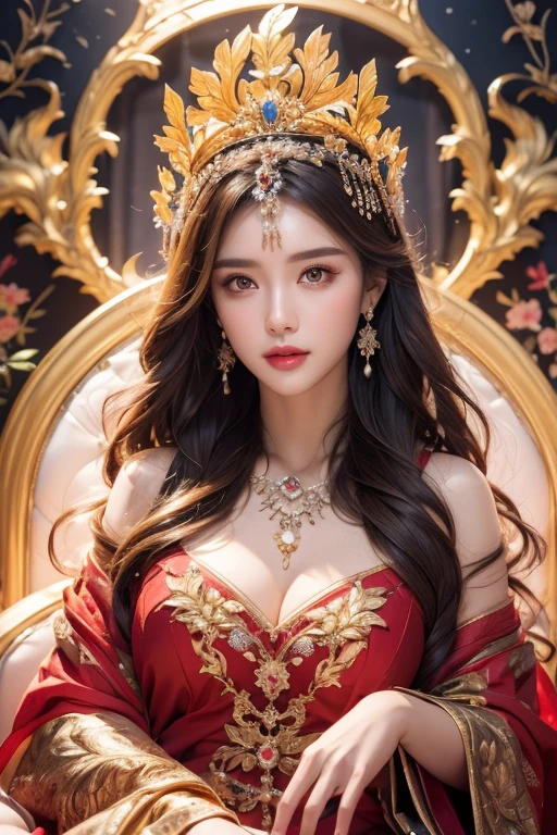 High-quality work，Realistic works，Super premium graphics，8K HD CG works，high quality graphics，High-definition and exquisite CG works，10x pixels，Ultra-fine details：1.1，Advanced technical details：1.1Realistic photo effects，Interior lighting effects：1.5，natural soft light：1.5. Light effect（Virtual light effects：1.8），ultra high resolution，shining dress，sliver long hair，silber hair，transparenthair，high detailed hair（Quality hair details：1.1）Clear eyes，Double eyelids look good，Sharp eye makeup, Create exquisite eyelash makeup, tthin eyebrows, Ultra-detailed eyes，a tall nose, lovely red lips, rosey cheeks, With delicate makeup on her face , pretty face, The face shape is perfectly proportioned,（Advanced facial details：1.1）A Chinese girl sitting on a throne, a throne encrusted with precious stones, surrounded by Chinese phoenix beasts, gold and ruby color, unique monster illustration, Dau al set, high resolution, a painting, dense composition, playful repetition, precious stones, crystals, gold, detailed paintings, unique monster illustrations, super fine details, realistic, super high resolution, complex, super detail, (skin dents), cute, feminine, detailed body, (Detailed face: 1.1), (contoured iris), (watercolor lenses), (perfect eyes), 4k, gorgeous, (masterpiece: 1.2), (best quality: 1.2), gorgeous long dress, dynamic pose, rich colors, film light and shadow，red and golden clothes，Women's artwork，Dress full body video，Realism，Amazing Cleavage，My eyes are very bright today
