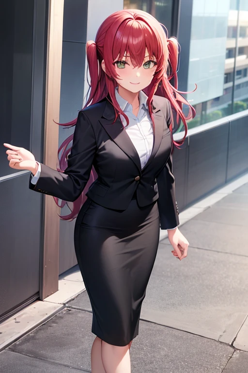 1girl, ikuyo kita, woman, office, suit, office lady, black skirt, black blazer, tight pencil skirt, skirt suit, maxi length skirt, pink shirt, collared shirt, long hair, looking at viewer, full body, smile, legs spread, standing
