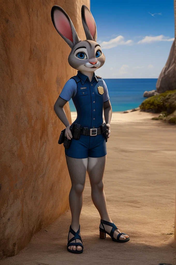judy hopps,realistic fur,thick legs,thin hip,standing,bright blue eyes,beach,masterpiece,uniform police pink sandals heels, ,in love with the viewer,thin hip,Disney graphics and high-quality textures,
