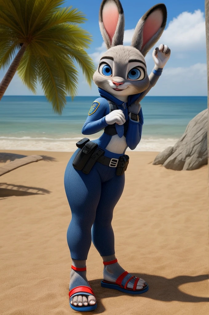 judy hopps,realistic fur,thick legs,thin hip,standing,bright blue eyes,beach,masterpiece,uniform police pink sandals heels, ,in love with the viewer,thin hip,Disney graphics and high-quality textures,
