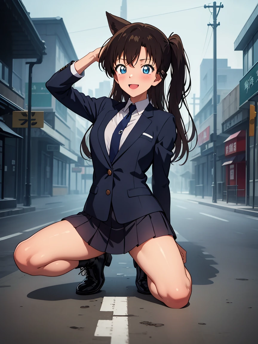 Ran Mori, (Black Hair, Long Hair, Wavy Hair), bangs, blue eyes, One girl, tie, , green tie, white shirt, Black jacket, collared shirt, shirt, blazer, Long sleeve, black  mini skirt, pleated skirt, skirt, Medium breasts BREAK Full body view, Full Body Shot, Kneel, Raise your arms behind your head, Open your legs and smile, Brush Break Masterpiece, Highest quality, High resolution, 8K, Official Art, Super Resolution, 非常にDetailed and beautiful, 非常にDetailed, wonderful、Detailed, 非常にDetailed美しい***, 非常にDetailed顔, 非常にDetailed目, 非常にDetailed肌, 非常にDetailed指, 非常にDetailed鼻, 非常にDetailed口, Perfect Anatomy Break Night, Outdoor, Neon Street, Elm Street, rain, Midnight, Late at night, darkness, 非常にDetailed CG unity 16k, Very beautiful 16K CG wallpaper