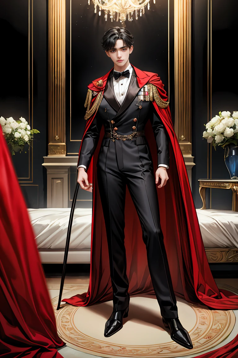 masterpiece, 最high quality, high quality, 1 boy, alone, Male focus, Watching the audience, Messy black hair, Adorable big blue eyes, White people, Noble, Noble,A black and red cape bursting with sexy volume、Tuxedo、A very voluminous, large, very large, very large, long, long red and black cape with a high stand-up collar, made of a lot of fabric that reaches down to the floor., 17 years old,Cute beautiful boys,Cute, cute, kind, handsome guy