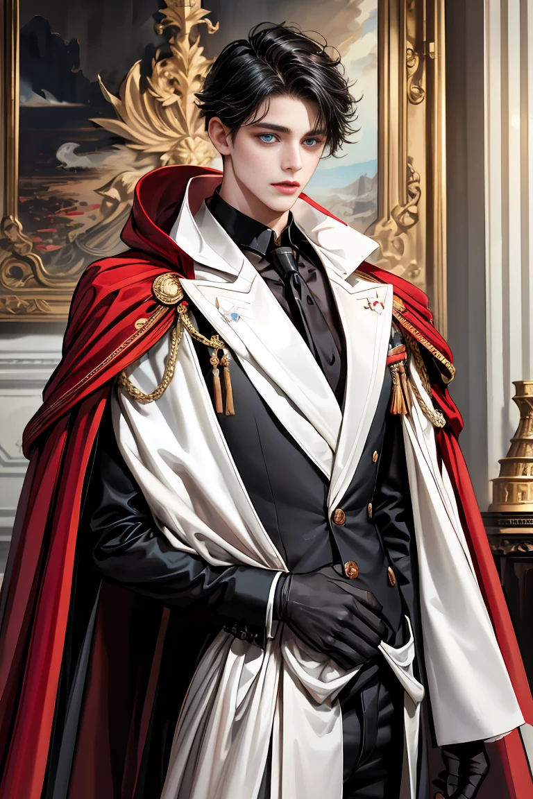 
masterpiece, 最high quality, high quality, 1 boy, alone, Male focus, Watching the audience,  Messy black hair, Adorable big blue eyes, White people, Noble, Noble,A black and red cape bursting with sexy volume、Tuxedo、A very voluminous, large, very large, very large, long, long red and black cape with a high stand-up collar, made of a lot of fabric that reaches down to the floor., ,Cute beautiful boys,Cute, cute, kind, handsome guy