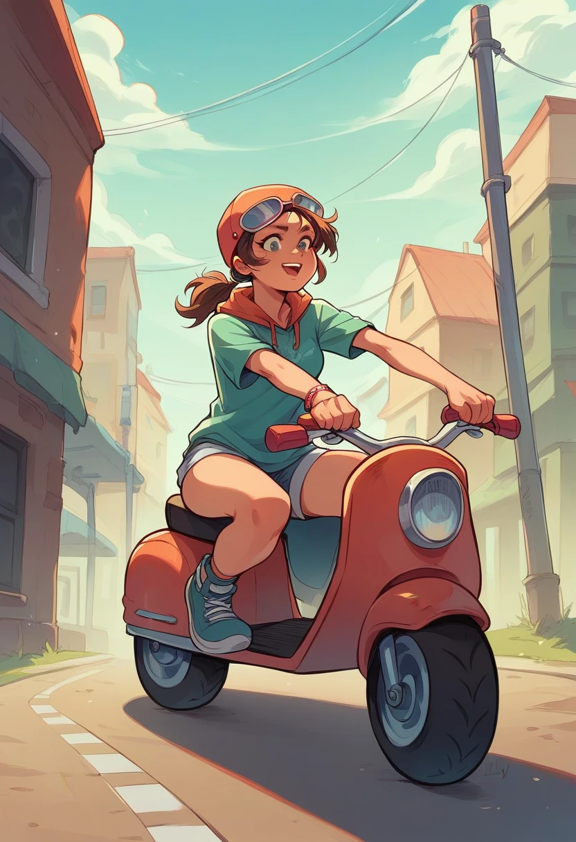 Draw a young woman, sexly, very friendly riding a scooter, it&#39;s not disney style to piss