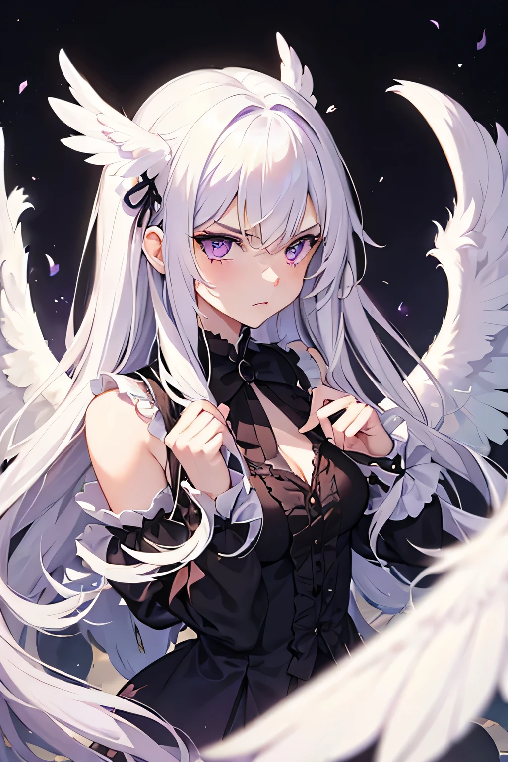A girl with angel wings, long white hair, purples eyes. Angry face, with debauchery.
