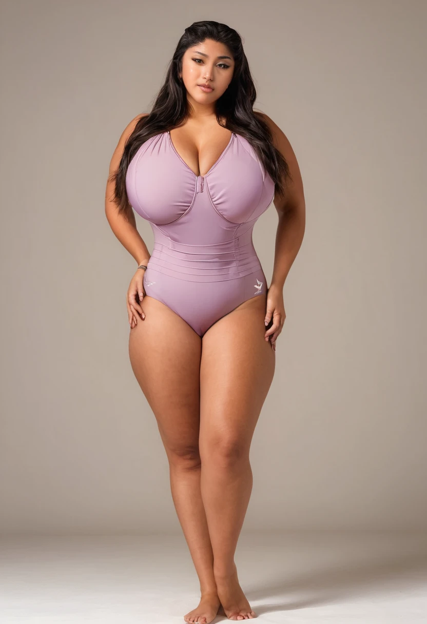 full body shot, 1girl, solo, long hair, tan skin, thick, plump, feminine body, huge breasts, cleavage, slim waist, thick thighs, large hips, hourglass figure, ((mizuno one-piece swimsuit)), simple background, looking at viewer, 4k
