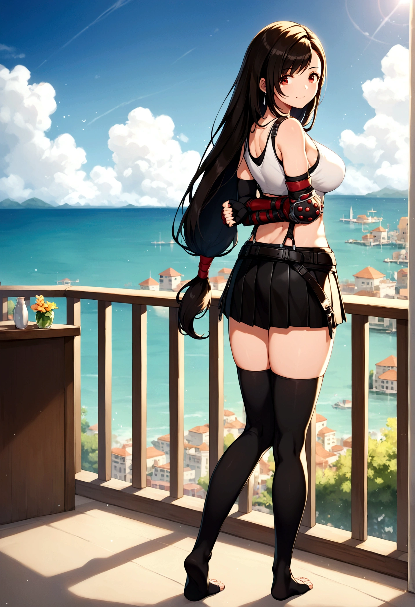 score_9, score_8_up, score_7_up, score_6_up, score_5_up,,rating_safe. BREAK , (from behind,looking back,feet focus,standing,straight-on,,(upperbody),looking_at_viewer ,1girl, tifa lockhart, final fantasy, tareme,black hair, low-tied long hair, red eyes, bangs, (white tank top, belt, pleated skirt, thighhighs, elbow fingerless gloves, elbow pads, midriff, navel,suspender skirt) ,large_breasts,(light smile),,,Solo,,(daytime and beachside and city),(best quality),(aesthetic,very aesthetic),,highly detailed,,depth of field,,professional lighting,cinematic lighting, ,(arms behind back),