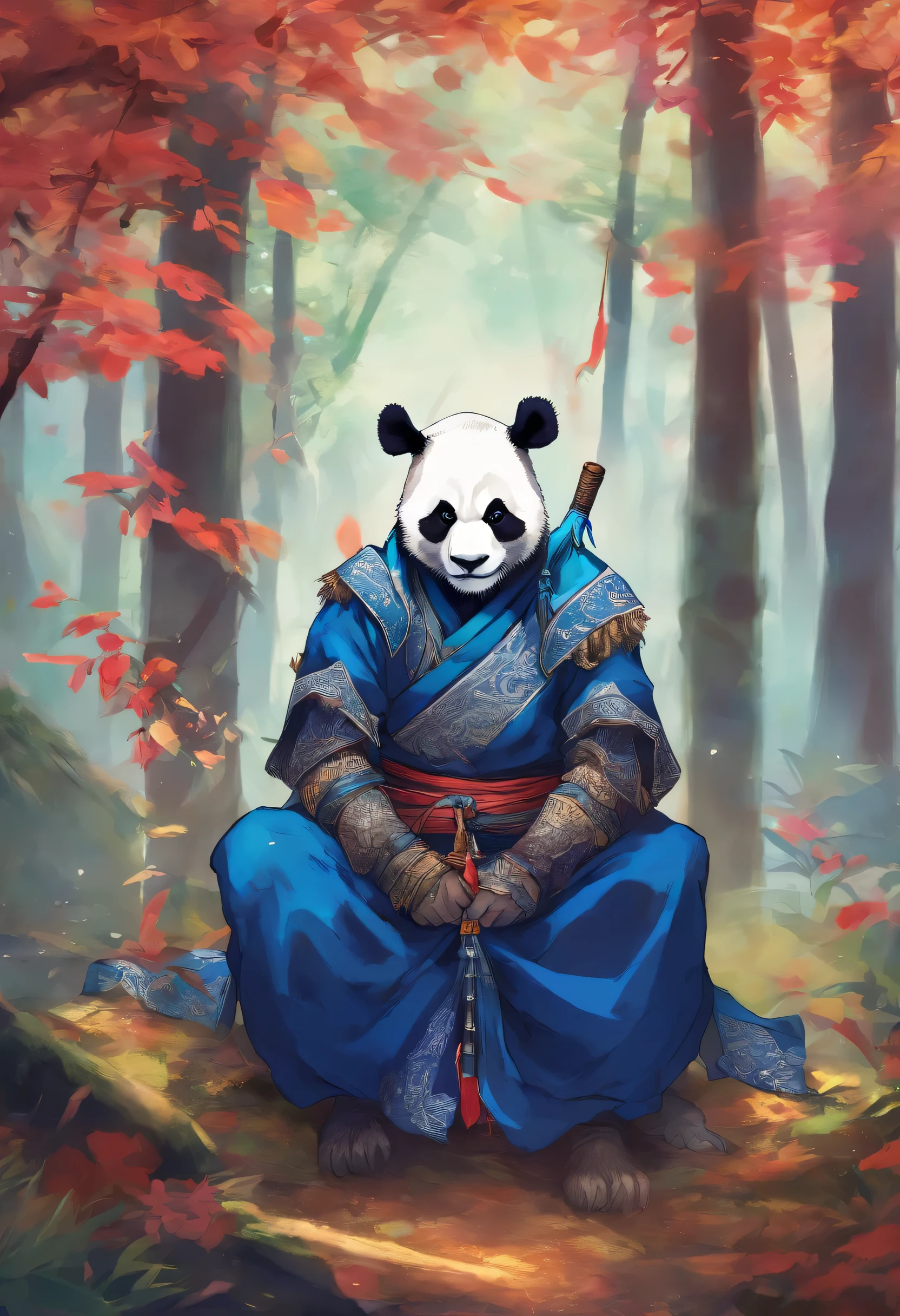 Panda warrior man in samurai costume sitting in a bamboo forest with blue flames in his hand