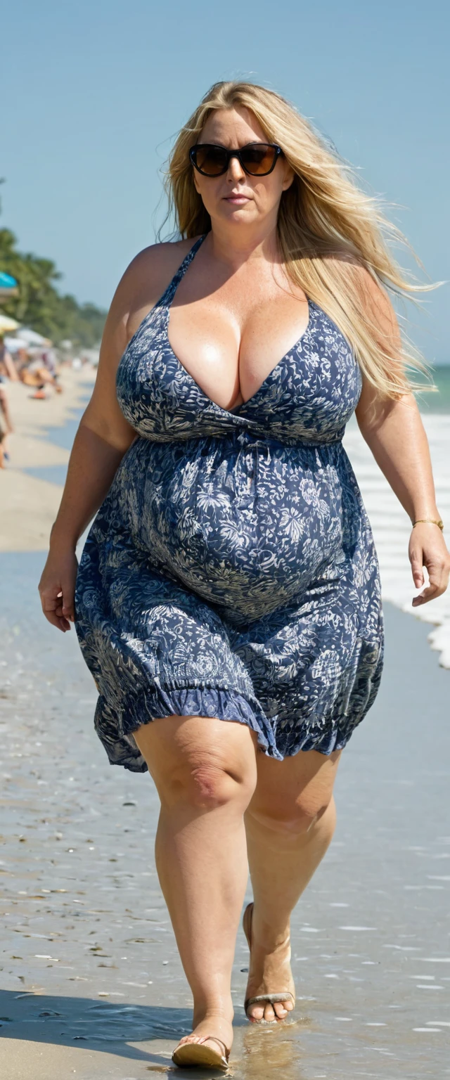 Fat woman, 40 years old white Caucasian woman, big hips, trick thighs, busty cleavage, walking in the beach, summer, day time, sundress, sunglasses, full body picture, MILF, long straight blonde hair, messy hair, serious, chubby, bbw, huge breasts, wet tits and chest