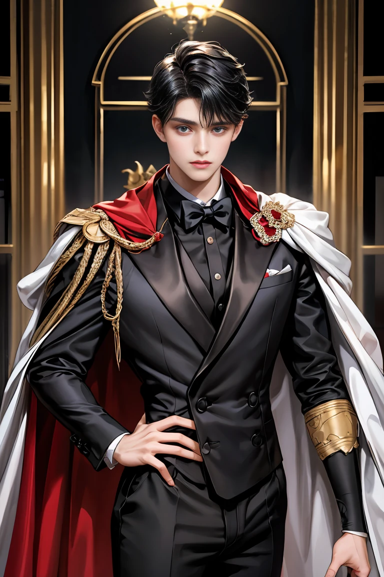 
masterpiece, 最high quality, high quality, 1 boy, alone, Male focus, Watching the audience,  Messy black hair, Adorable big blue eyes, White people, Noble, Noble,A black and red cape bursting with sexy volume、Tuxedo、A very voluminous, large, very large, very large, long, long red and black cape with a high stand-up collar, made of a lot of fabric that reaches down to the floor., 17 years old,Cute beautiful boys,Cute, cute, kind, handsome guy