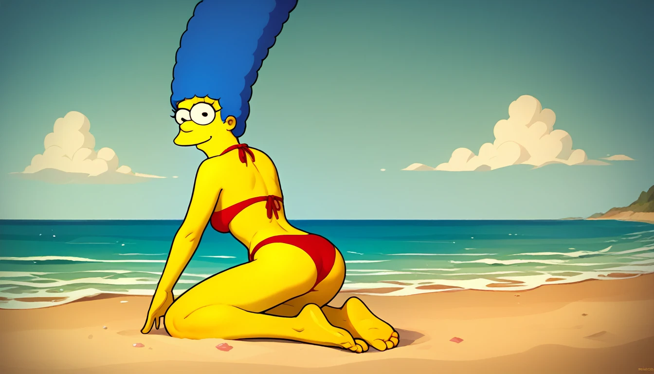 marges, (((blue hair, 1girl, solo, alone, colored skin, yellow skin))), score_9, score_8_up, score_7_up, score_6_up, score_5_up, score_4_up, zPDXL flat color, looking at viewer, smile, 

(((      red bikini, barefoot,         kneeling, from back, from behind             ))),

sexy pose, dynamic pose, dynamic angle, cowboy shot,

outdoor, beach, day,