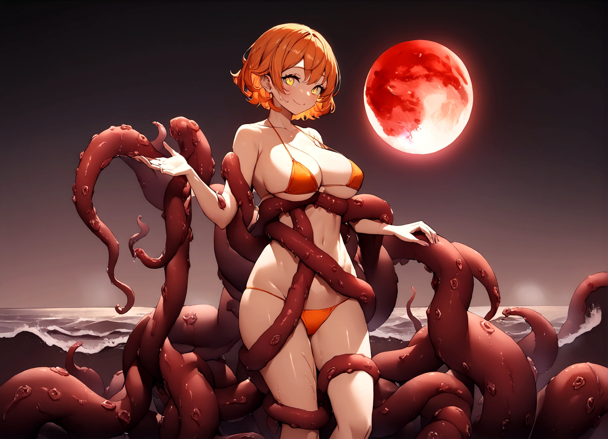 Beautiful anime style girl with short hair,(((Orange Hair)))Short one curl hair,(((Highest quality)))Transparent Hair,Bright Face,smile,(((Yellow Eyes))),Fun Beautiful Girl,(((A well-defined, glamorous body)))Tight waist,Big Breasts,(((Suspended bikini)))Beautiful and immoral girl in a radical orange bikini,(Micro Bikini),(Shorts),Oily skin,(((detailed)))Full Body Shot,octopus,Countless tentacles wrapping around the body,Tentacles wrapped around the hand, feet, wait.,(((background)))fog,Red Moon,Wave,Dark seaside。
