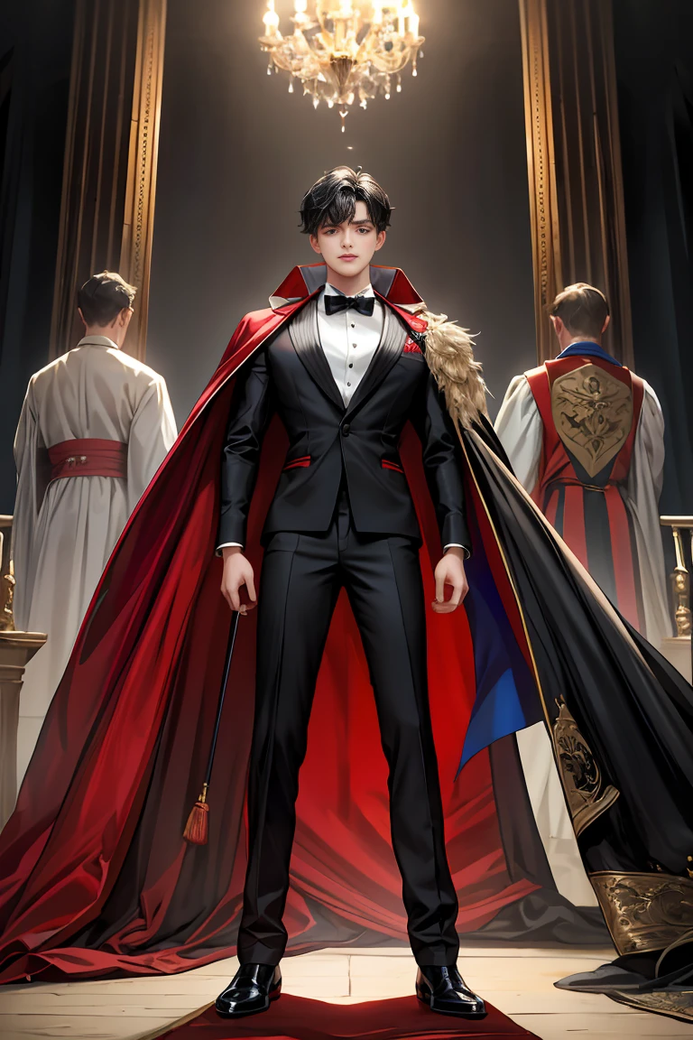masterpiece, 最high quality, high quality, 1 boy, alone, Male focus, Watching the audience, Messy black hair, Adorable big blue eyes, White people, Noble, Noble,Sexy voluminous black and red cape、Tuxedo、A very voluminous, large, very large, very large, long, long red and black cape with a high stand-up collar, made of a lot of fabric that reaches down to the floor., 17 years old,Cute beautiful boys,Cute, cute, kind, handsome guy