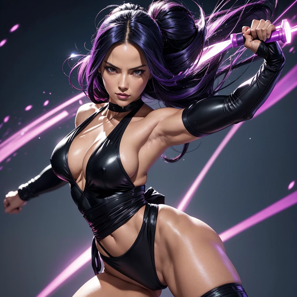 Create a highly detailed image of Psylocke from Marvel Comics, featuring her toned, bodybuilding body. She is wearing a black swimsuit and has a long purple sash tied around her waist. Its arms and legs have black bands. The scene should portray her in a dynamic pose, showing off her muscular, athletic physique. The background should be subtle but suggest a futuristic or mystical setting, ensuring the focus remains on Psylocke. Use vibrant colors and sharp details to reflect the Marvel Comics style.