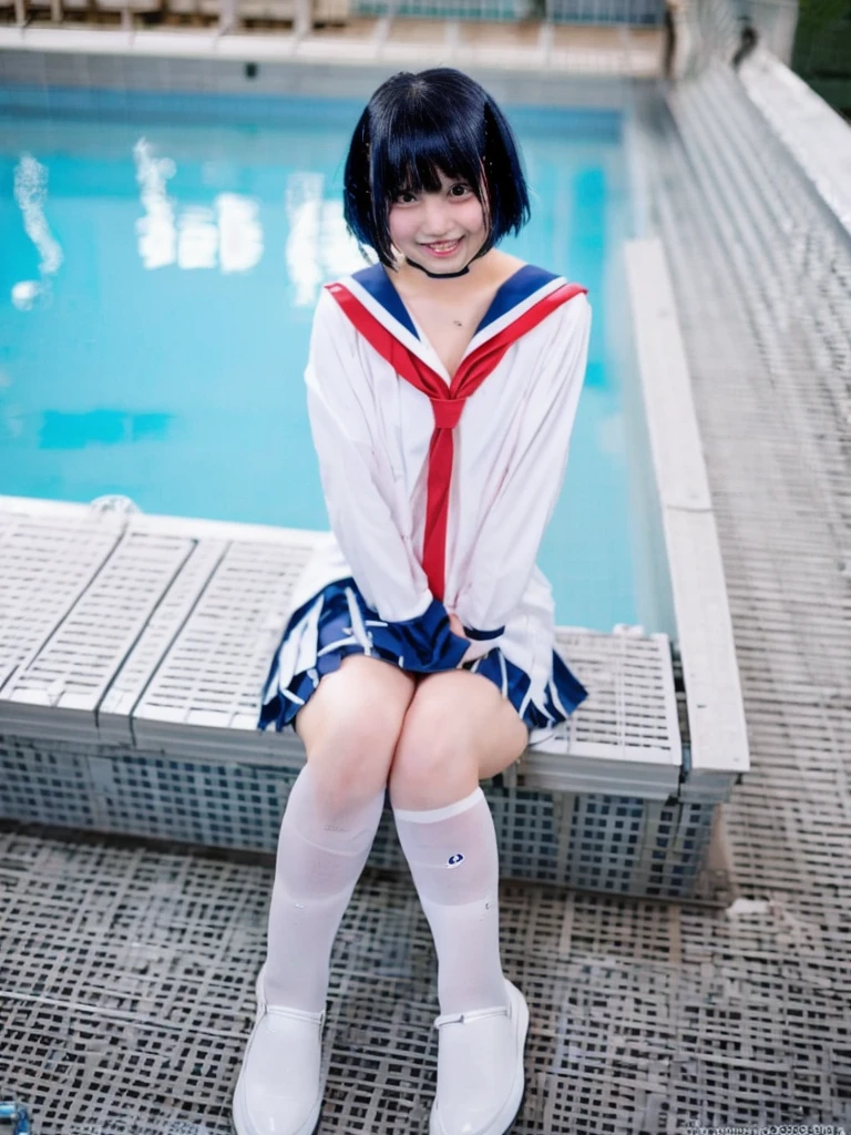 8k, japanese, High School girl,1 person, age 18, Sailor Mercury, cosplay,short hair, Wet arms,Wet legs,Wet Face, pose, Highest quality, wet poolside, smile
