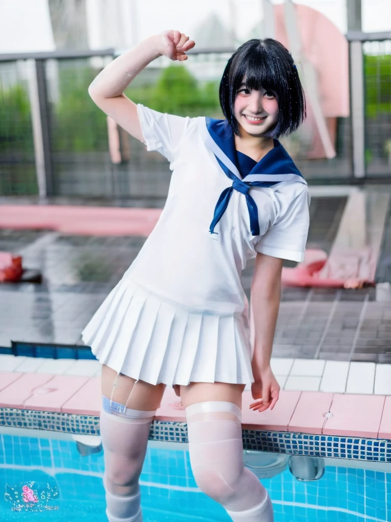 8k, japanese, High School girl,1 person, age 18, Sailor Mercury, cosplay,short hair, Wet arms,Wet legs,Wet Face, pose, Highest quality, wet poolside, smile
