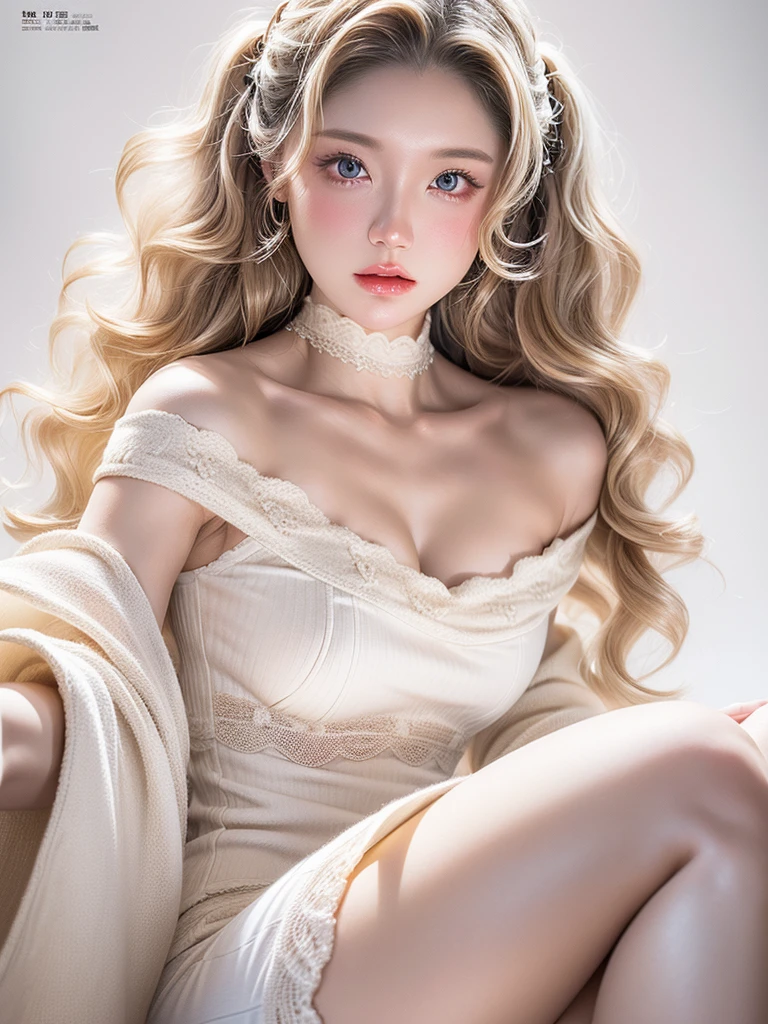 (((white background 2.0)))、((High key portrait 1.3))、Professional Lighting、(((Professional Lighting 1.5)))、(Translucent skin texture))、Beautiful Skin、Fair skin、(((Whitening 1.5)))、((White off-shoulder dress 1.5))、(((High leg underwear 1.5)))、Slim figure、(((ファッションMagazine Cover 1.5)))、(((Magazine Cover 1.5)))、blonde、Wavy Hair