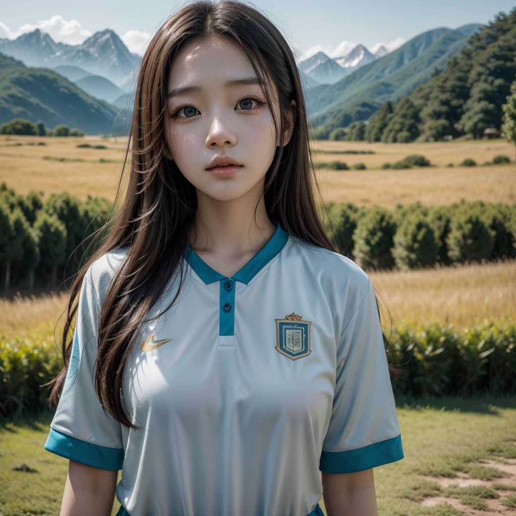 beautiful girl, 1girl, Wonyoung from kpop group IVE, wearing Argentina national team jersey, photorealistic, highly detailed, 8k, intricate details, cinematic lighting, dramatic pose, expressive eyes, flawless skin, dynamic composition, vibrant colors, natural environment, outdoor scene, gorgeous scenery, lush greenery, majestic mountains, golden hour lighting