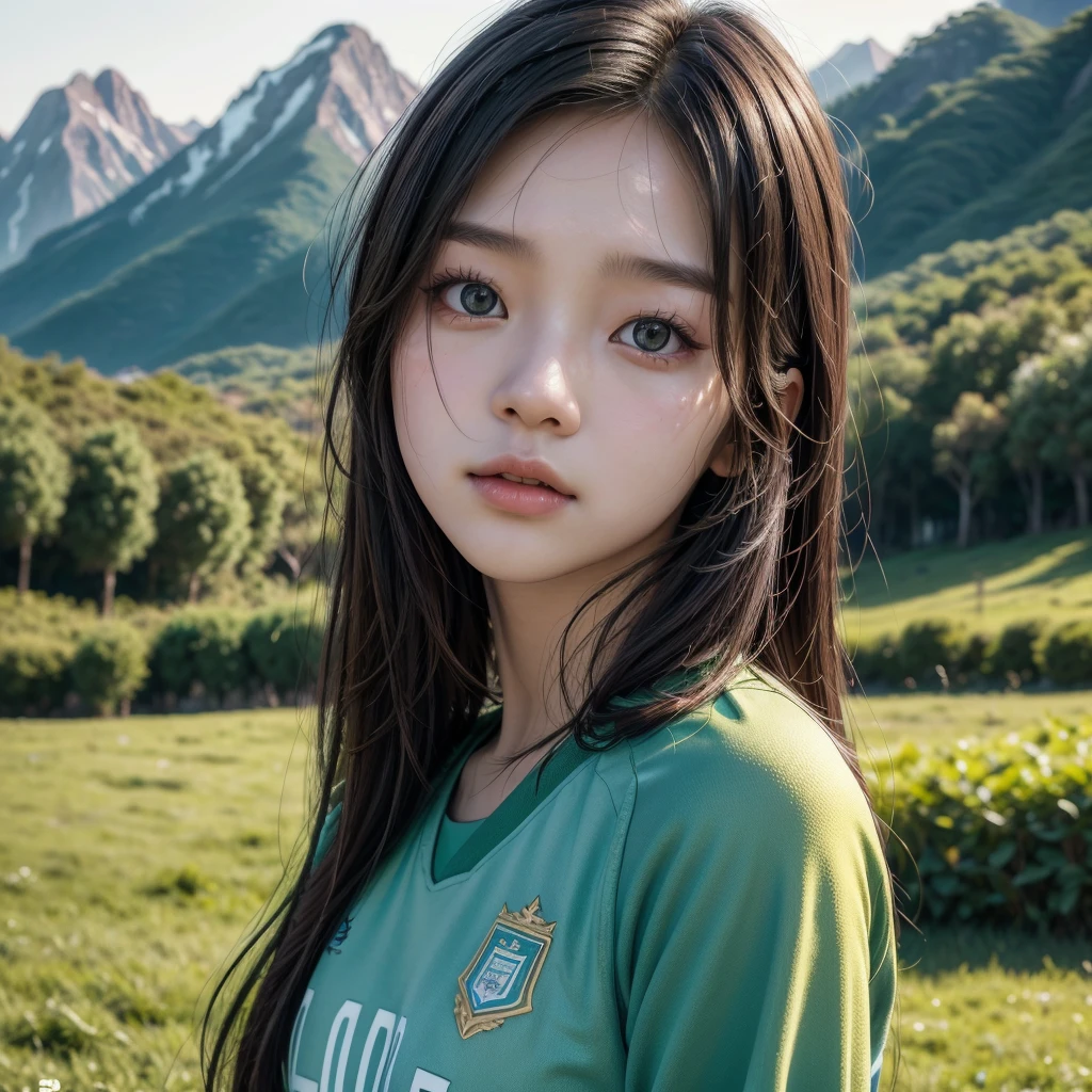 beautiful girl, 1girl, Wonyoung from kpop group IVE, wearing Argentina national team jersey, photorealistic, highly detailed, 8k, intricate details, cinematic lighting, dramatic pose, expressive eyes, flawless skin, dynamic composition, vibrant colors, natural environment, outdoor scene, gorgeous scenery, lush greenery, majestic mountains, golden hour lighting