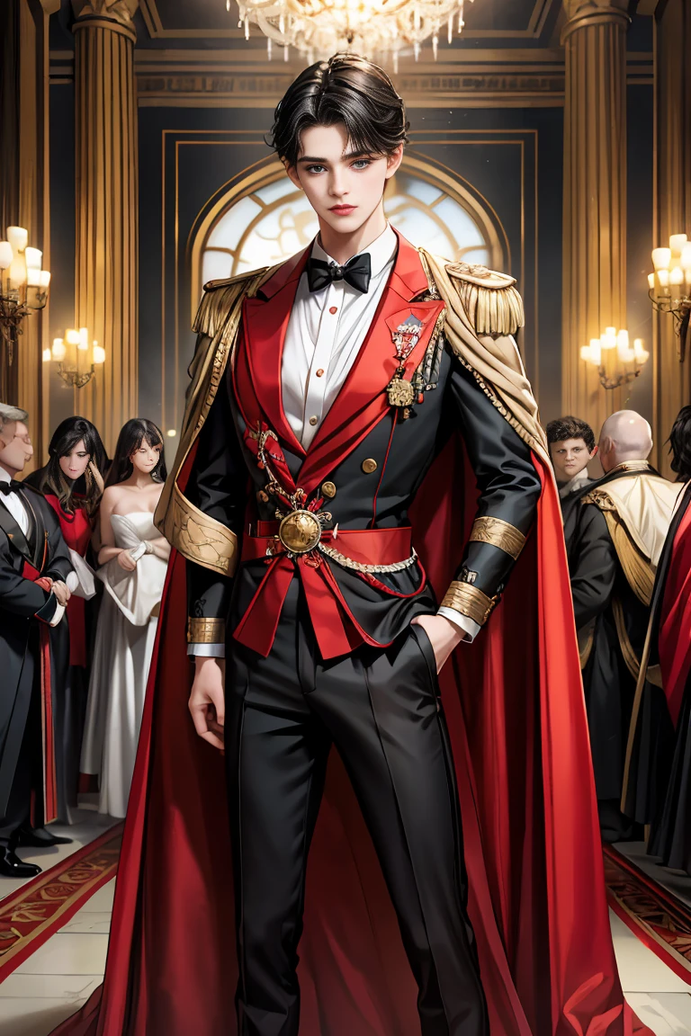 masterpiece, 最high quality, high quality, 1 boy, alone, Male focus, Watching the audience, Messy black hair, Adorable big blue eyes, White people, Noble, Noble,Sexy voluminous black and red cape、Tuxedo、A very voluminous, large, very large, very large, long, long red and black cape with a high stand-up collar, made of a lot of fabric that reaches down to the floor., 17 years old,Cute beautiful boys,Cute, cute, kind, handsome guy