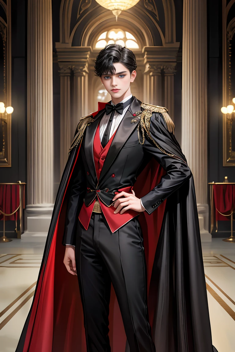 masterpiece, 最high quality, high quality, 1 boy, alone, Male focus, Watching the audience, Messy black hair, Adorable big blue eyes, White people, Noble, Noble,Sexy voluminous black and red cape、Tuxedo、A very voluminous, large, very large, very large, long, long red and black cape with a high stand-up collar, made of a lot of fabric that reaches down to the floor., ,Cute beautiful boys,Cute, cute, kind, handsome guy