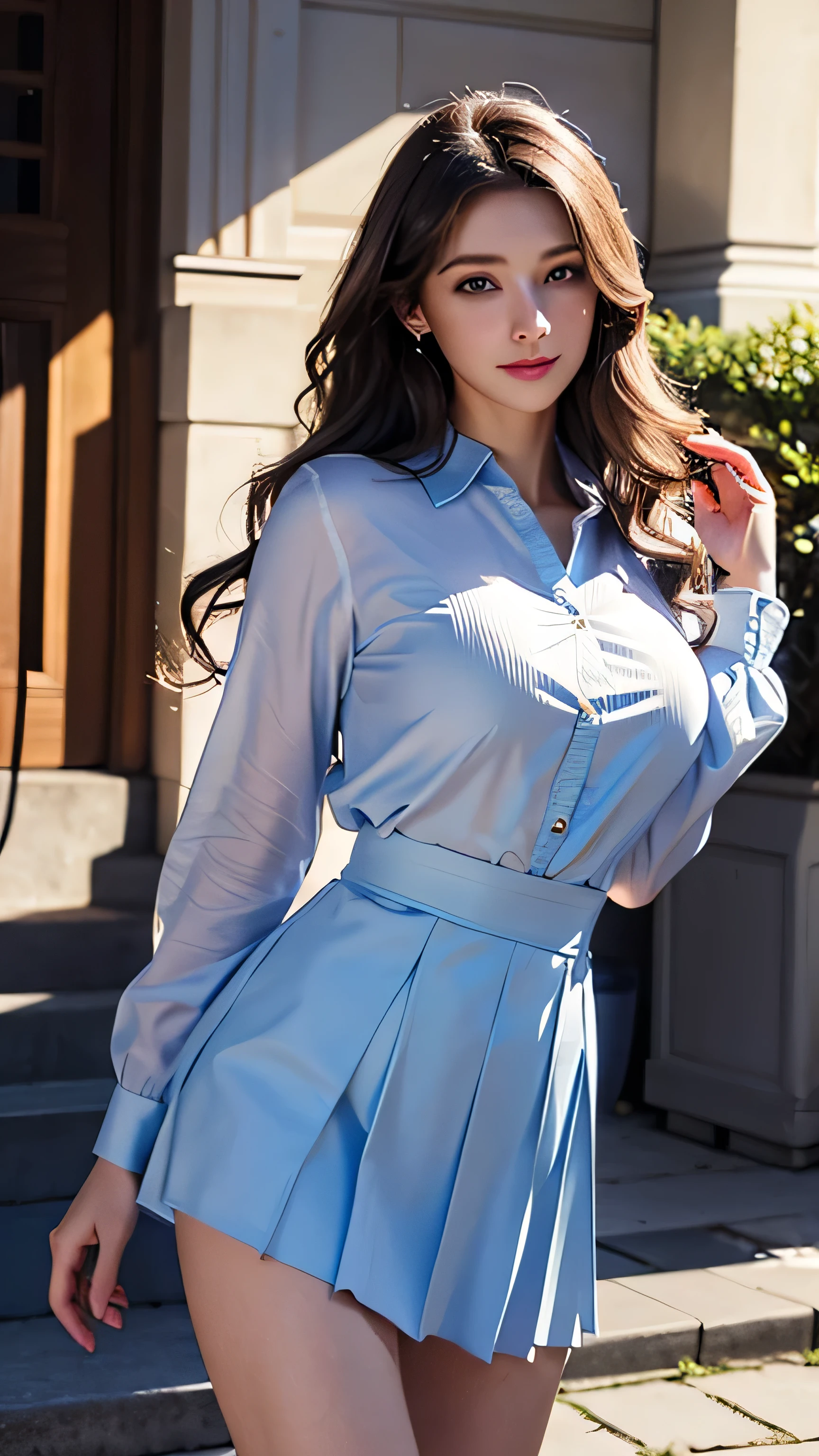 night scene、illumination、blue eyes、bionde、Full body photo、Sexy Face、Long straight hair_Hair reaching down to the waist、 Complete look、(((masterpiece)))、((Highest quality))、((超Realistic))、Mature woman、Mature woman、perspective、Very detailed、The perfect temptation、Best image quality、Fine-grained image quality、beautiful、Europe, woman, French, woman Italian, Italian, smile、blue eyes、jewelry, blue eyes, Realistic, High resolution, Glowing Skin, (Detailed face),jewelry, , night, bionde, Wavy Hair,Attractive appearance, smile,white long sleeve button up blouse_brown pleated mini skirt、light rays,Tyndall effect,outdoor,cloud