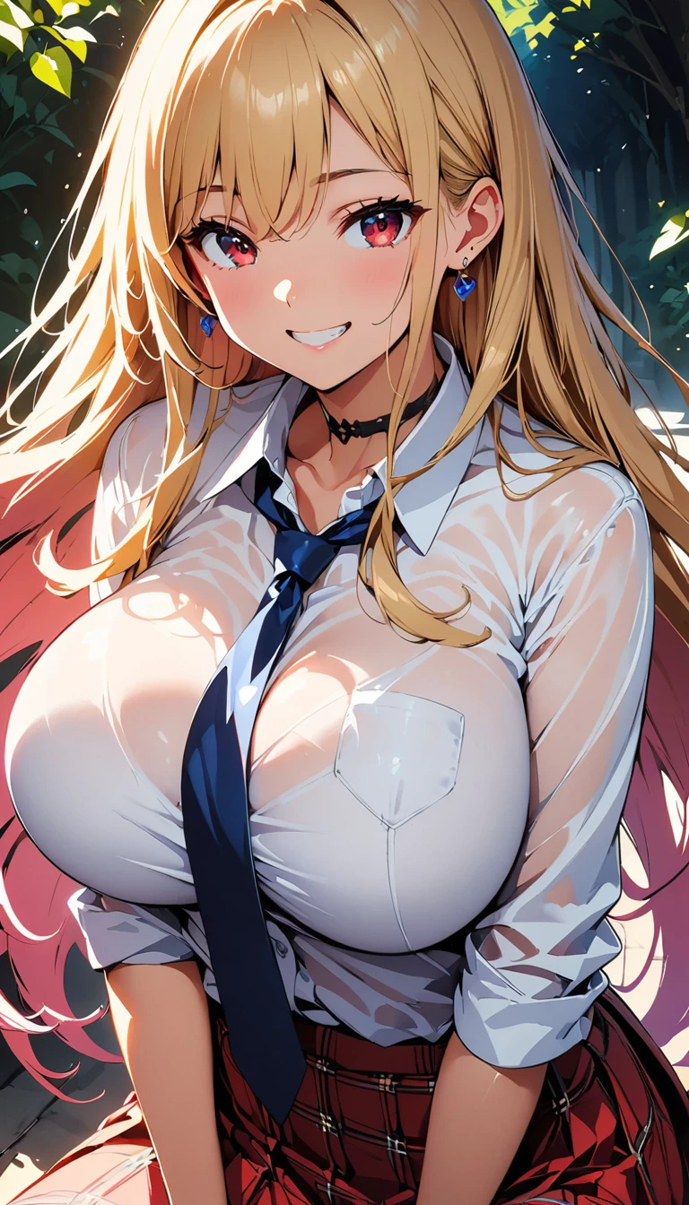(Highest quality:1.2, Anime works, Very detailed, High detail, digital coloring, High Contrast, masterpiece:1.2, Highest quality, Best aesthetics), (((Kitagawa Marine, 1 Girl))), Blonde, Straight Long Hair, Pink gradient hair, Red eyes, Earrings, White shirt, Black Choker, Blue tie, Check skirt, Grin, smile, The pose is random、 Cowboy Shot, Outdoor,Huge breasts、See-through 、Thin fabric shirt、The color of underwear is random、Stick your ass out