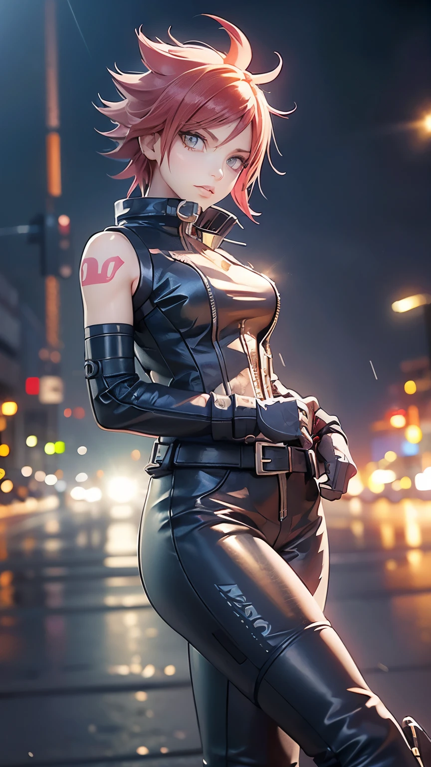 biker Rocker girl, motorcycle, Leather garment, Short hair, yellow glowing eyes, Dark colors, leather waist, ultra detailed face, long eyelashes, skinny, Cyberpunk, Neon lights, Red hair, long boots, tightsuit, Night, the city street, mitts, rain