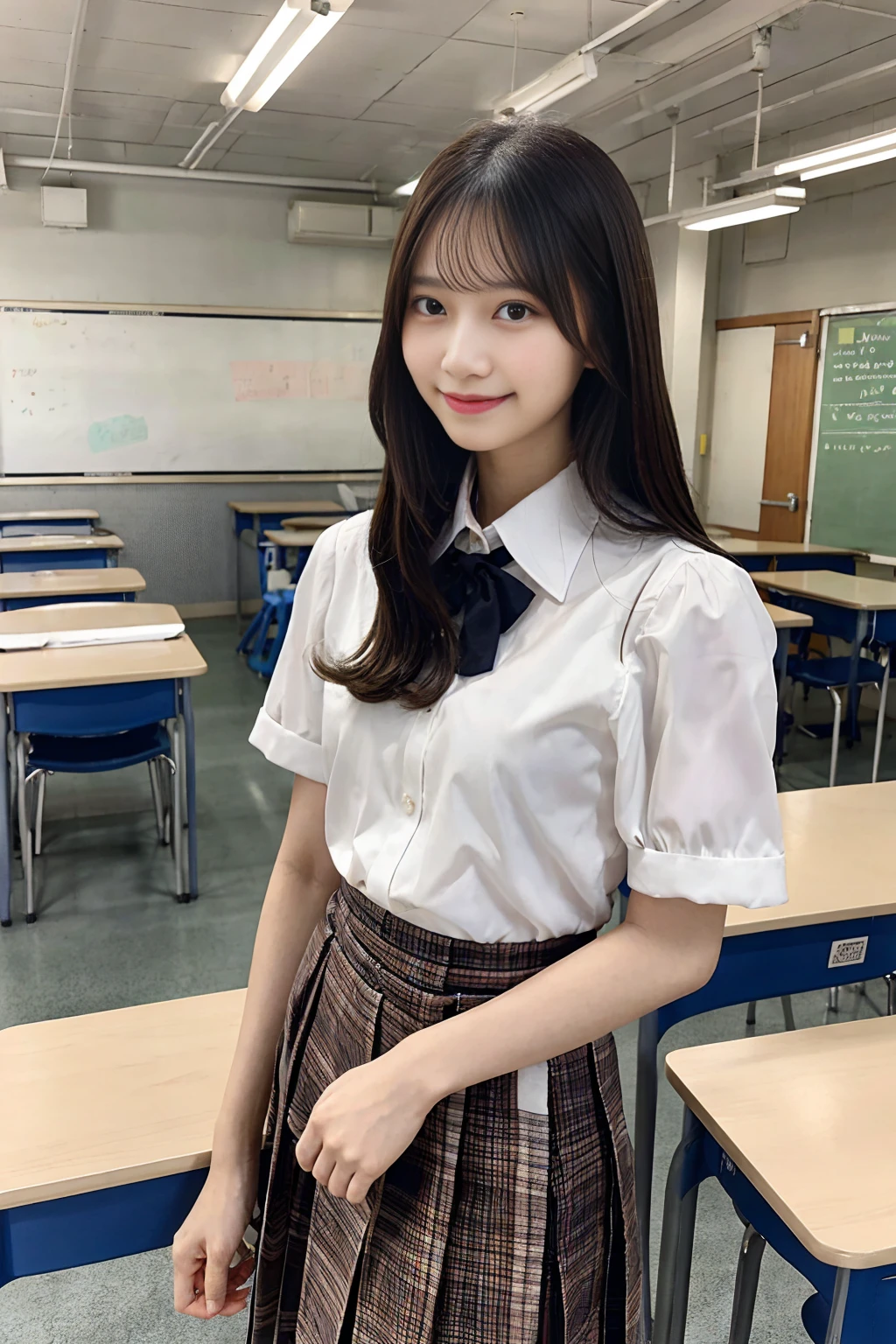 「A beautiful female school teacher stands in front of the classroom、She is wearing a suit with a tight white shirt and a tight he is holding a textbook and smiling gently.。Her long straight hair was neatly arranged.、We create a professional and friendly atmosphere。A classroom can be seen in the background.、There is a blackboard and student desks.。」