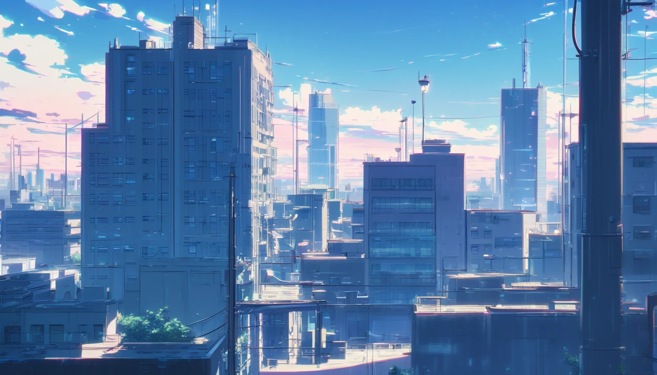 Create a set of abstract shapes inspired by a lofi anime cityscape, with stylized buildings, television antennas, lampposts and clouds of soft smoke, to be used as an animated background in After Effects. por Makoto Shinkai, ( ( makoto shinkai ) ), makoto shinkai background anime full hd
