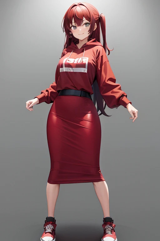 1girl, ikuyo kita, woman, red hoodie, black pencil skirt, maxi length skirt, long hair, looking at viewer, full body, smile, legs spread, standing
