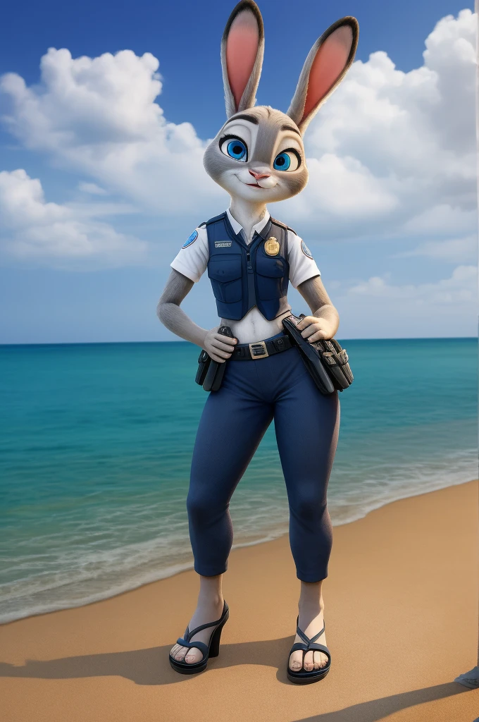 judy hopps,realistic fur,thick legs,thin hip,standing,bright blue eyes,beach,masterpiece,uniform police long trousers, pink sandals heels, ,in love with the viewer,thin hip,Disney graphics and high-quality textures,
