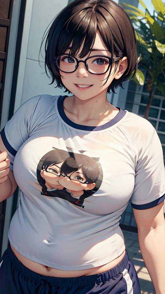 Glasses　Short Hair　Big round body　Cute and charming face　T-Shirts　Shorts　Sweating　smile　Sumo wrestlers
