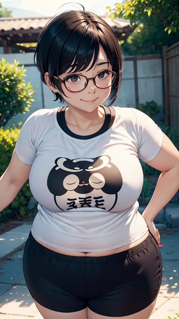 Glasses Short Hair Big round body Cute and charming face T-Shirts Shorts Sweating smile Sumo wrestlers