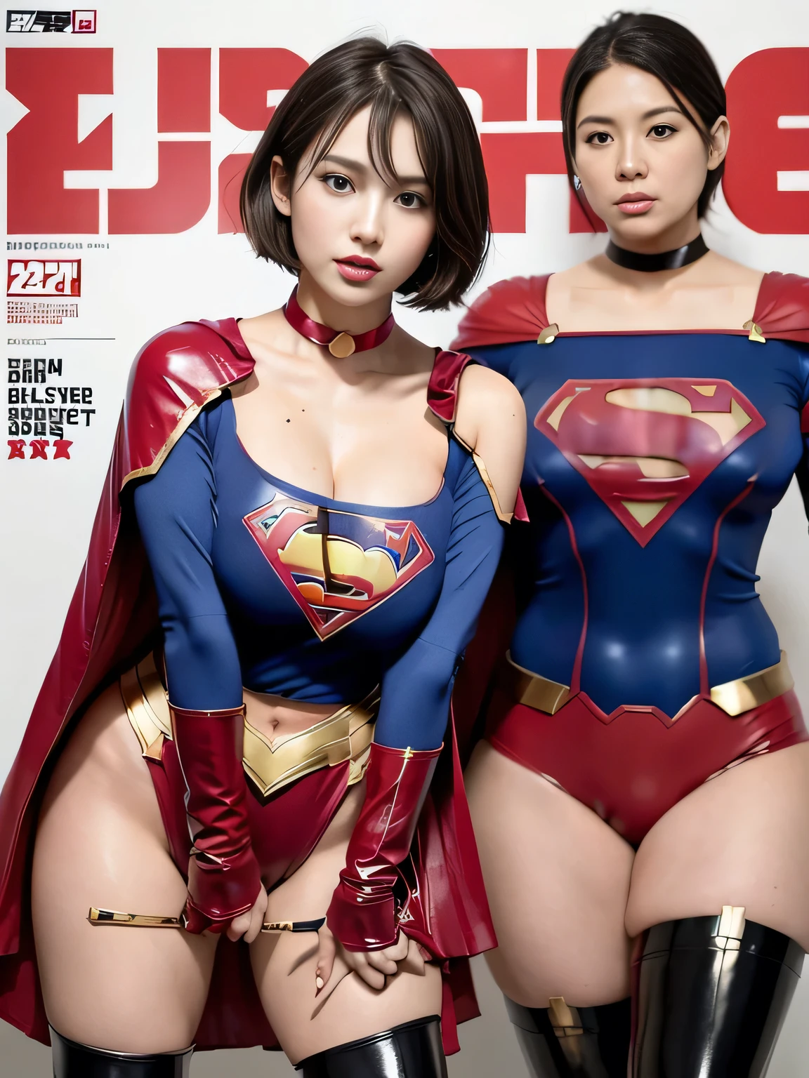 masterpiece、Vinyl Supergirl Costume、short hair、Vinyl Long Boots、Big and ample breasts、shiny sweaty skin、looking at the camera、choker、Long sleeve、Sexy poses to seduce、Off the shoulder、latex、from right in front、athlete、Racing Bloomers、Red Cape、Muscle training、Thighs、Photo magazine cover、Public Image、