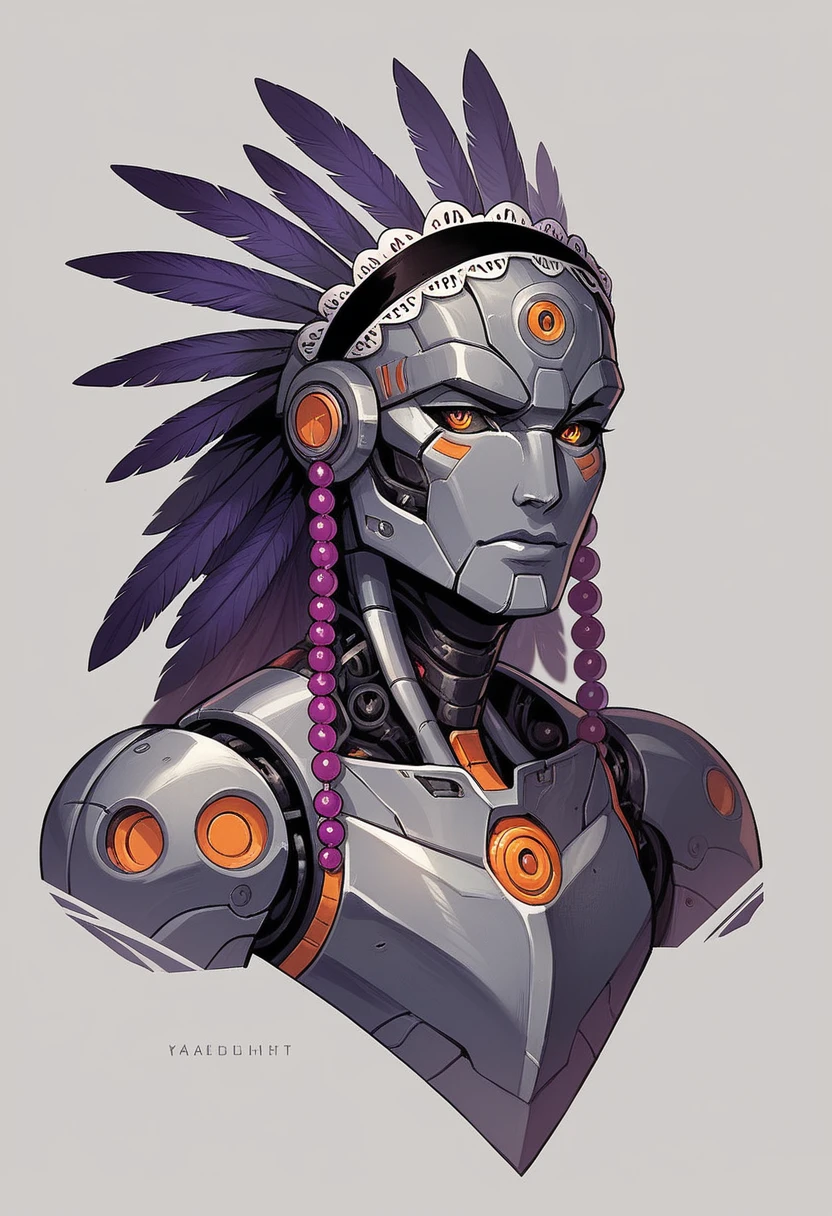 A digital artwork featuring a female Native American-inspired humanoid robot adorned with a headdress. The robot has a sleek, metallic body with visible mechanical components and intricate detailing, featuring colors of orange, dark purple, blacklight, and silver metallic with chromed parts. The headdress is composed of large feathers with orange, dark purple, and blacklight hues, arranged in a striking pattern around the robot's head, and accented with beads and traditional patterns.

The background is a forest with natural textures and aspects, but with chromed colors and chipsets embedded in the tree trunks, giving the appearance of human-made creations. This ethereal and futuristic setting highlights the robot's graceful interaction with the technologically enhanced nature. The overall style is a unique fusion of technology and cultural symbolism, showcasing a harmonious blend of traditional and futuristic elements. --ar 16:9 --v 5