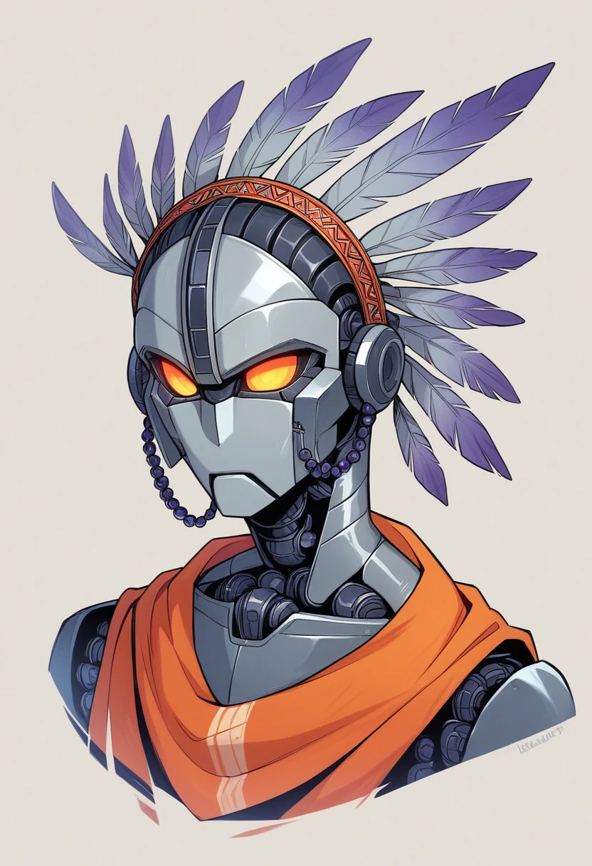 A digital artwork featuring a female Native American-inspired humanoid robot adorned with a headdress. The robot has a sleek, metallic body with visible mechanical components and intricate detailing, featuring colors of orange, dark purple, blacklight, and silver metallic with chromed parts. The headdress is composed of large feathers with orange, dark purple, and blacklight hues, arranged in a striking pattern around the robot's head, and accented with beads and traditional patterns.
The background is a forest with natural textures and aspects, but with chromed colors and chipsets embedded in the tree trunks, giving the appearance of human-made creations. This ethereal and futuristic setting highlights the robot's graceful interaction with the technologically enhanced nature. The overall style is a unique fusion of technology and cultural symbolism, showcasing a harmonious blend of traditional and futuristic elements. --ar 16:9 --v 5
