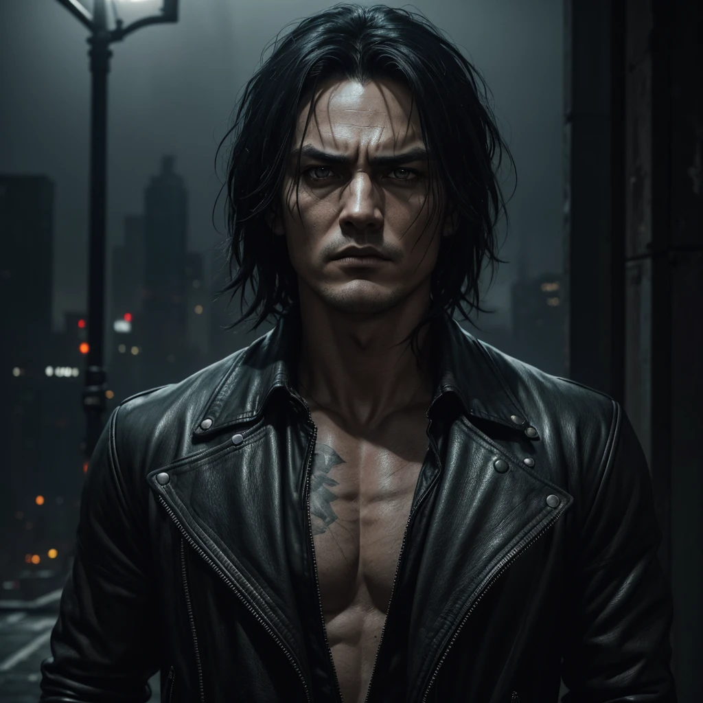 A highly detailed and realistic portrait of Brandon Lee as the character "The Crow", (best quality,4k,8k,highres,masterpiece:1.2),ultra-detailed,(realistic,photorealistic,photo-realistic:1.37),dramatic lighting, dark and moody atmosphere, intricate costume details, weathered and worn leather jacket, intense gaze, pale skin, black makeup around the eyes, sharp facial features, striking expression, raven black hair, urban city backdrop, gritty and grungy environment, moody color palette, deep shadows, cinematic composition