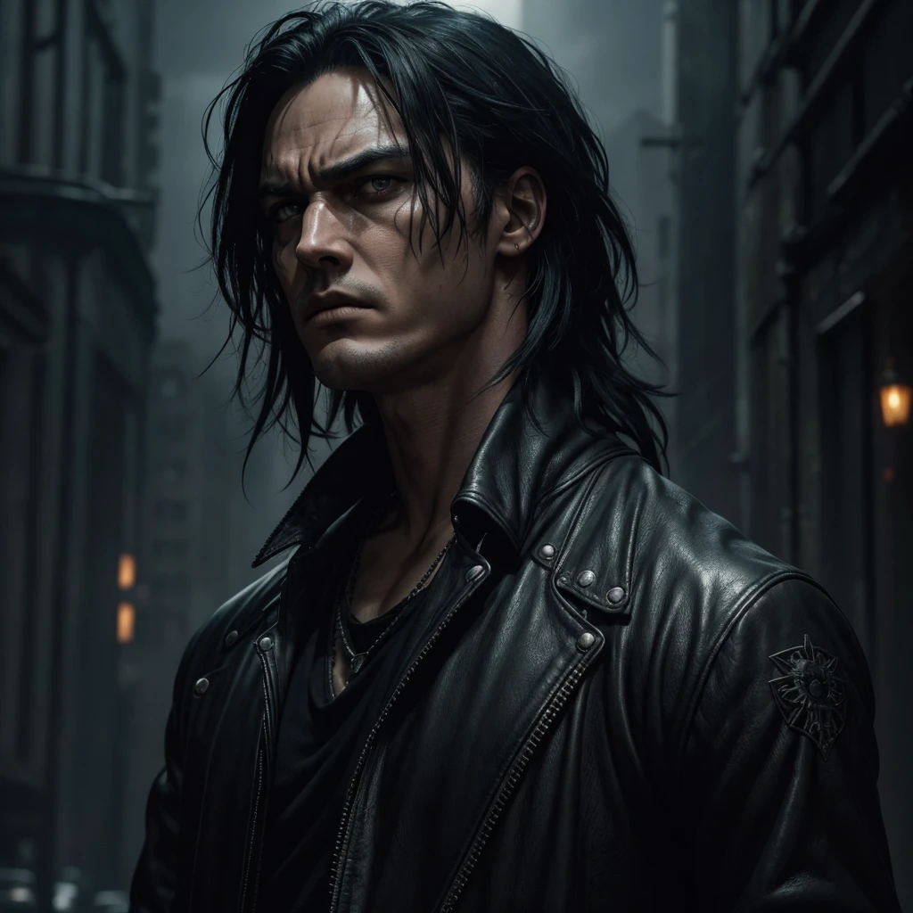 A highly detailed and realistic portrait of Brandon Lee as the character "The Crow", (best quality,4k,8k,highres,masterpiece:1.2),ultra-detailed,(realistic,photorealistic,photo-realistic:1.37),dramatic lighting, dark and moody atmosphere, intricate costume details, weathered and worn leather jacket, intense gaze, pale skin, black makeup around the eyes, sharp facial features, striking expression, raven black hair, urban city backdrop, gritty and grungy environment, moody color palette, deep shadows, cinematic composition