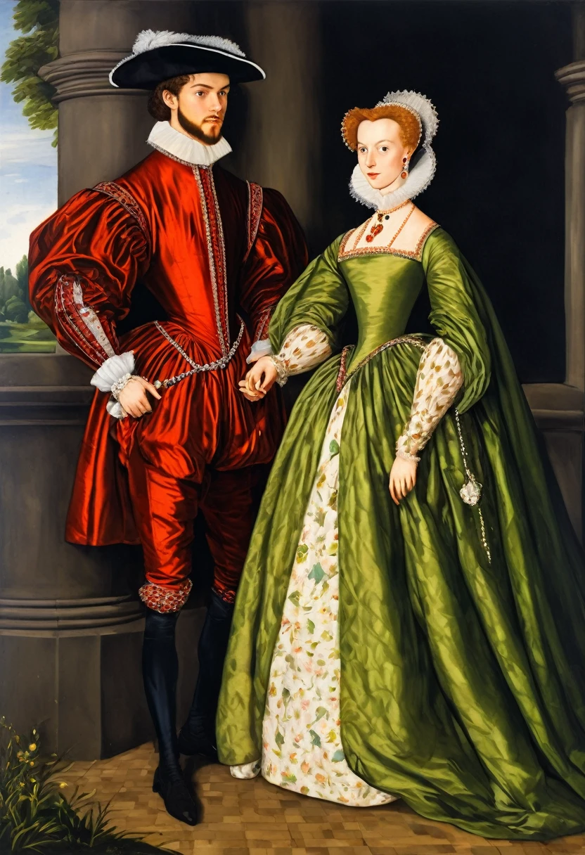 Showing a very late 1500s Elizabethan ebglish Handsome young upper middle class    couple male and female in classic period Elizabethan fashions clothings attires dress