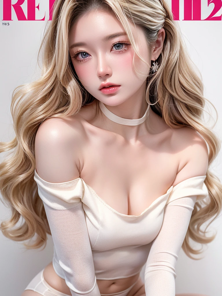 (((white background 2.0)))、((High key portrait 1.3))、Professional Lighting、(((Professional Lighting 1.5)))、(Translucent skin texture))、Beautiful Skin、Fair skin、(((Whitening 1.5)))、((White off-shoulder dress 1.5))、(((High leg underwear 1.5)))、Slim figure、(((ファッションMagazine Cover 1.5)))、(((Magazine Cover 1.5)))、blonde、Loose wavy hair