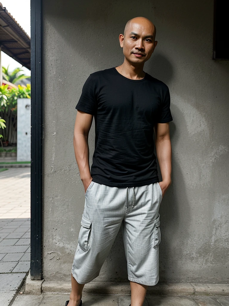 Realistic picture of a 40-year-old Indonesian man with a thin body and bald hair, he is wearing black t-shirts, cargo short pants and flip-flops, the background is light color, very beautiful.