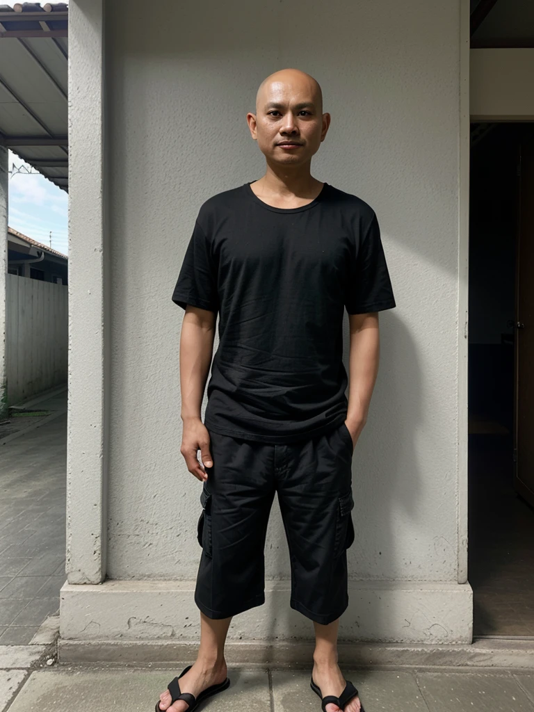 Realistic picture of a 40-year-old Indonesian man with a thin body and bald hair, he is wearing black t-shirts, cargo short pants and flip-flops, the background is light color, very beautiful.